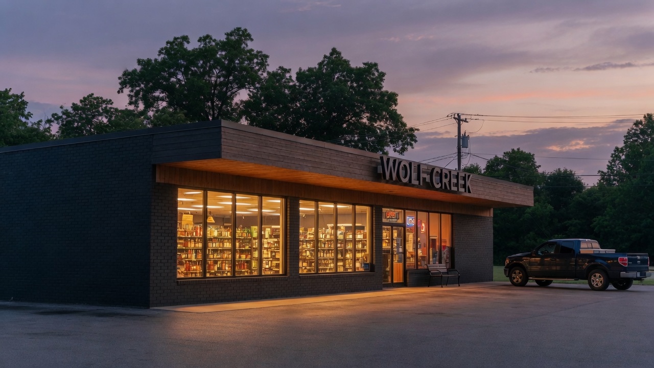 Dusk storefront of Wolf Creek Spirits on North Main Street in Monticello, Kentucky